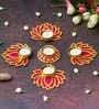 Maroon Wood Golden Pink Wooden Cut Out Lotus Flower Rangoli Tea Light Holders(Set of 5)