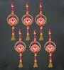 Maroon Wood Lotus in Golden Rings with Pom Pom, Bell Hangings Toran (Set of 6)