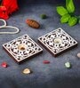 Multicolour Wood Square Wooden Floral Block Print Decorative Tea Light Holders (Set of 2)