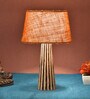 Shiny Mustard Natural Fiber Shade Night Lamp With Wood Base