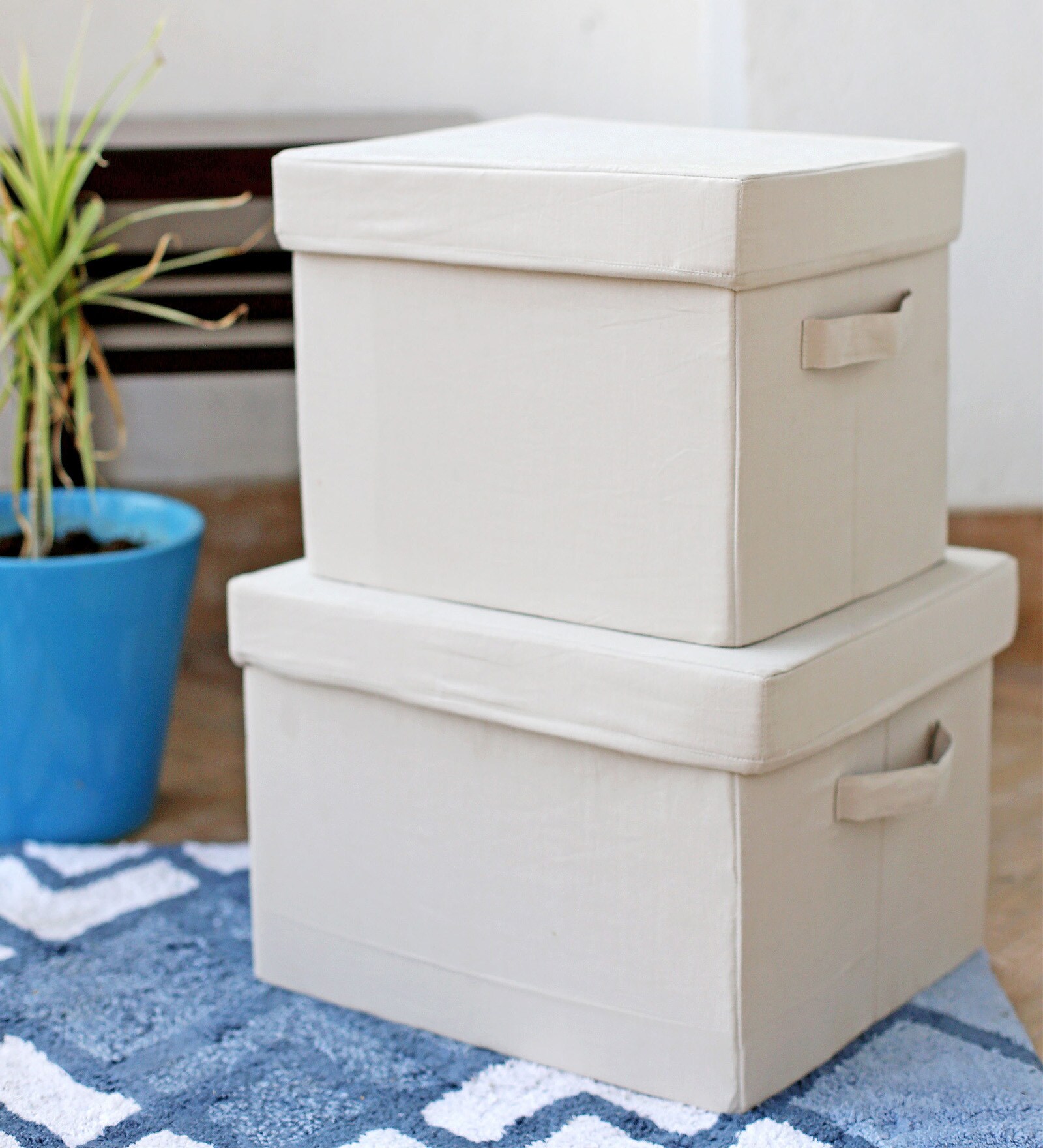 Buy 30 & 20 Litres (Beige) Linen & MDF Storage Box, Set Of2 Online