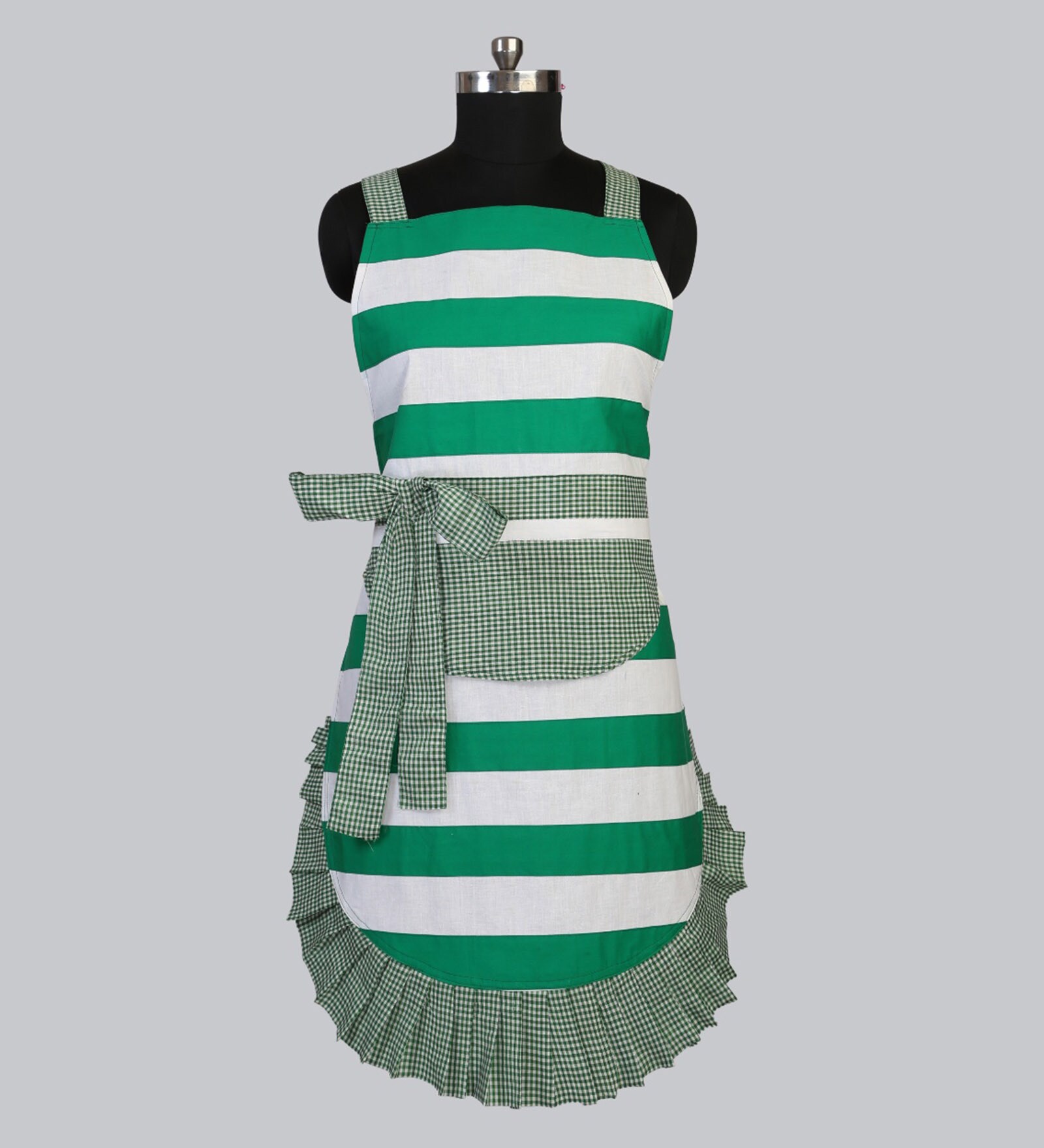 Free Size and Daily Usable Cotton Dress Style Apron in Green and White