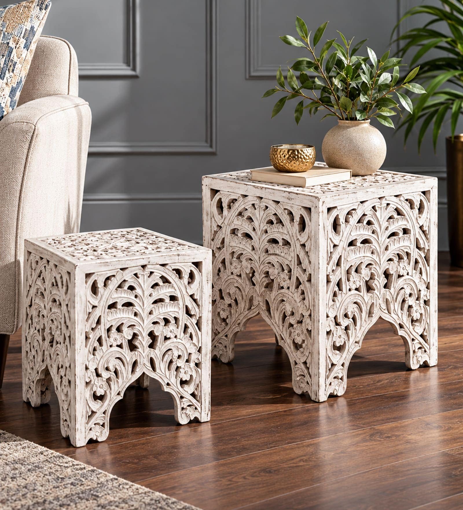 Myken Wooden End Table With Floral Design In Antique White Finish