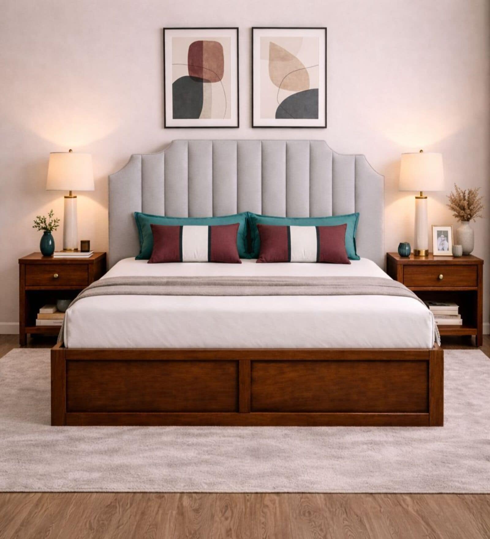 Myra Arcus Queen Size Upholsetered Bed In Mist Grey Colour With Box Storage