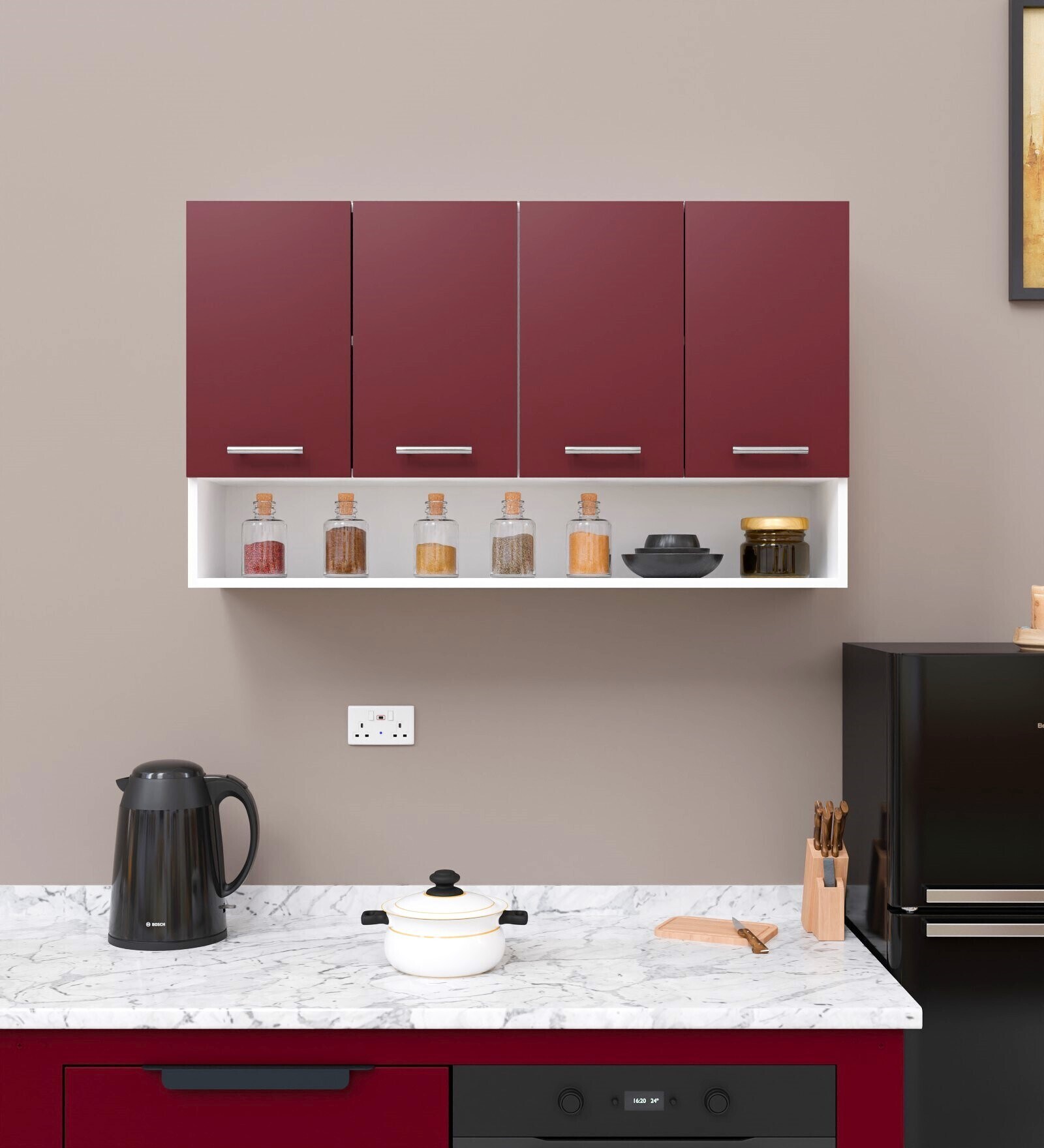 Buy Myra Engineered wood Wall Mounted Kitchen Cabinet (Burgundy & White ...