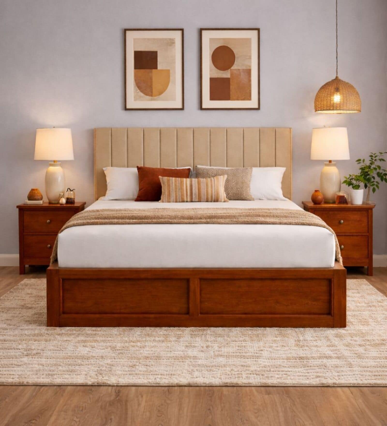 Myra Linear Queen Size Upholsetered Bed In Beige Colour With Box Storage