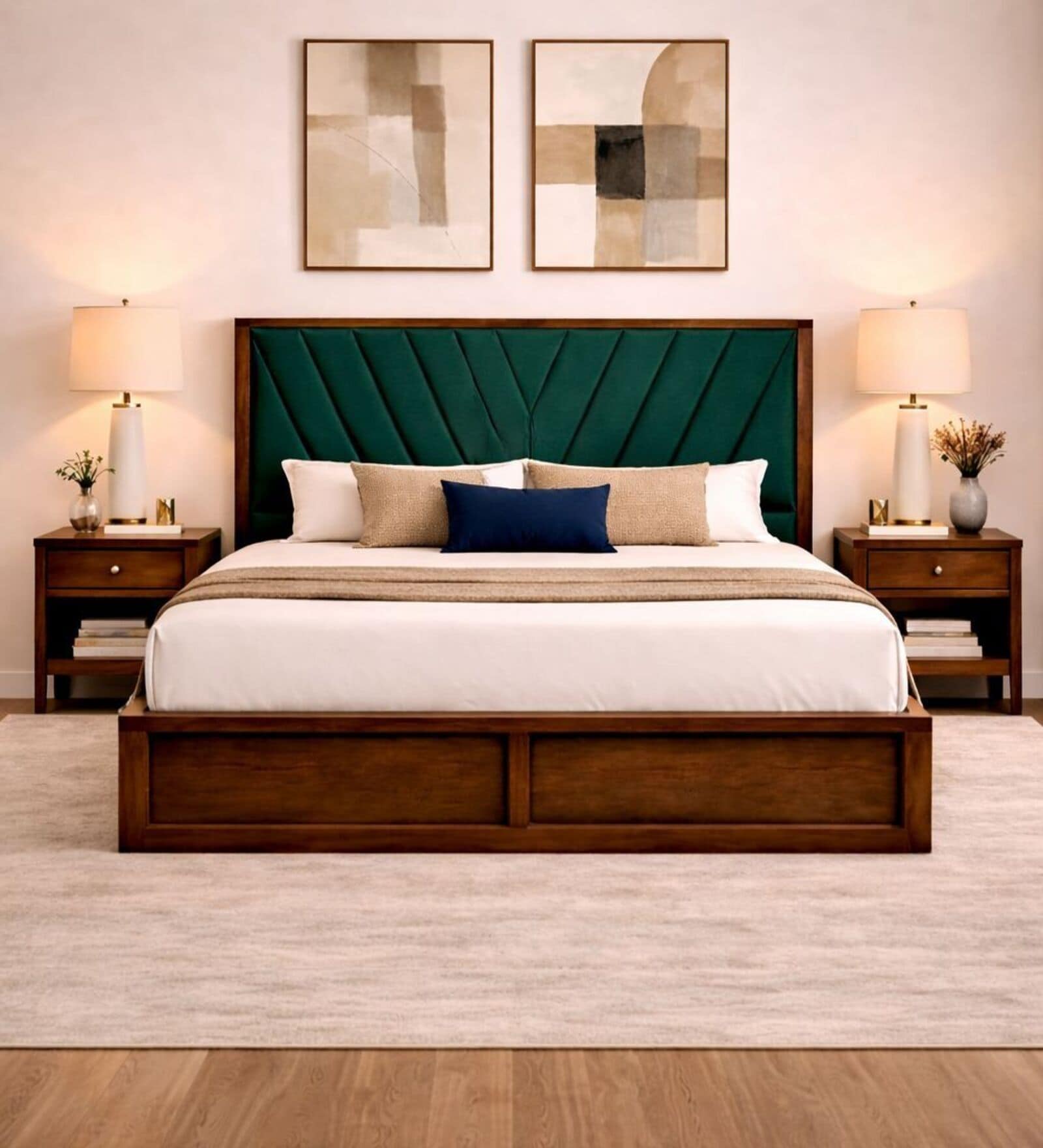 Myra Vertex Queen Size Upholsetered Bed In Teal Green Colour With Hydraulic Storage