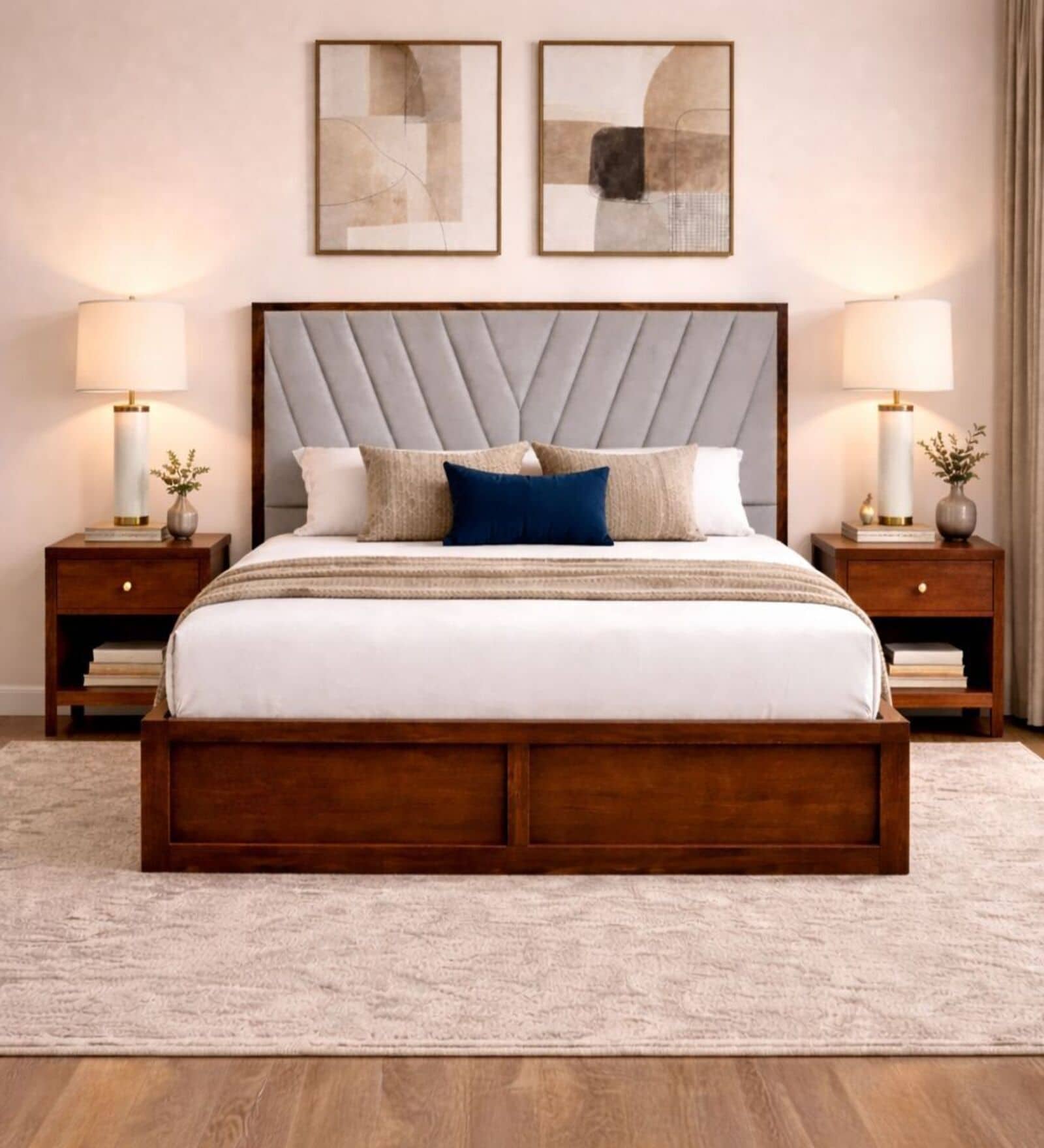 Myra Vertex Queen Size Upholsetered Bed In Mist Grey Colour With Box Storage