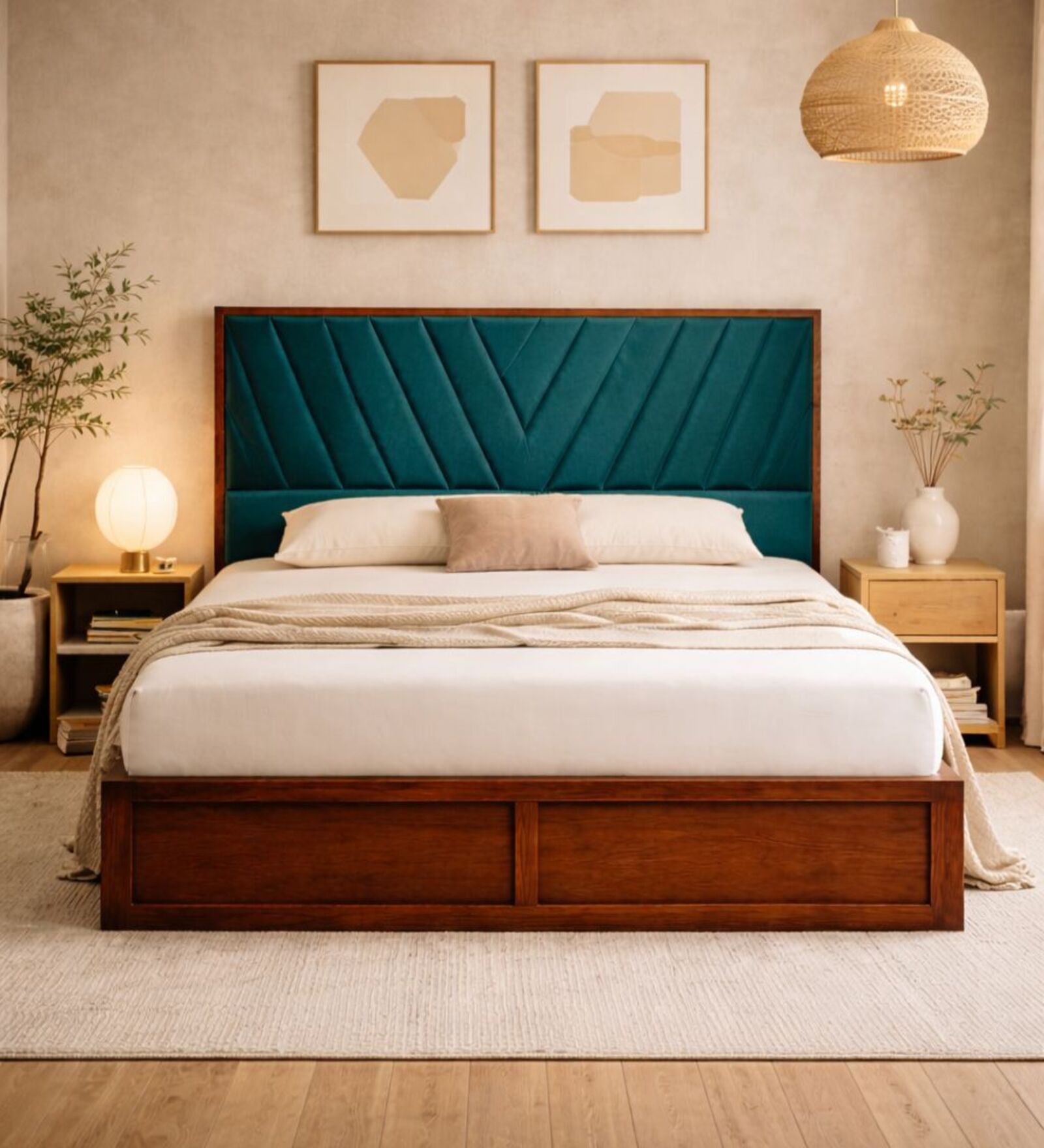 Myra Vertex Queen Size Upholsetered Bed In Teal Green Colour With Box Storage