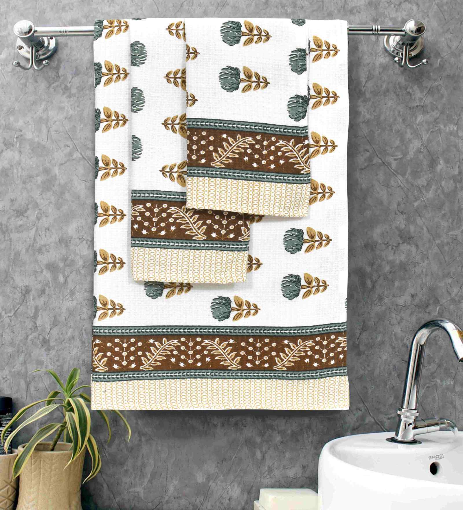Myristica Madhuban Floral Waffle Cotton 250 GSM Bath & Hand Towel Set
