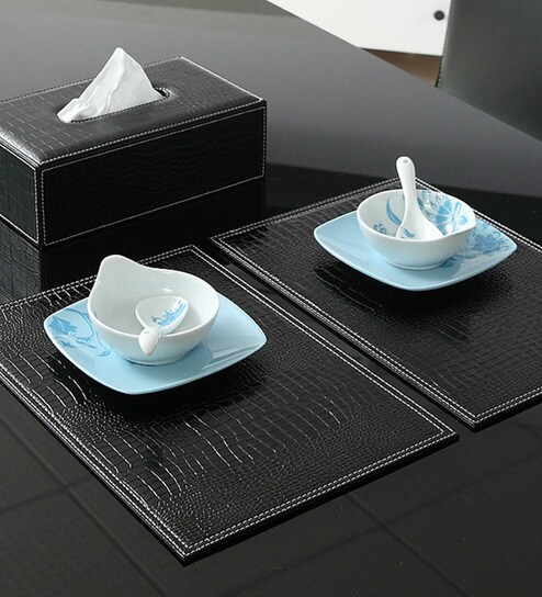 Buy Faux Leather Elegant Black Rectangular Table Mat Set Of 6 By