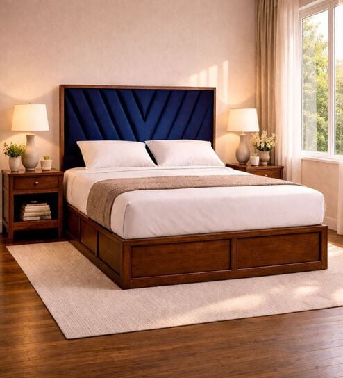 Myra Vertex Queen Size Upholsetered Bed In Royal Blue Colour With Box Storage