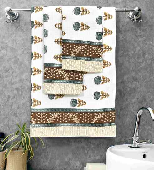 Myristica Madhuban Floral Waffle Cotton 250 GSM Bath & Hand Towel Set
