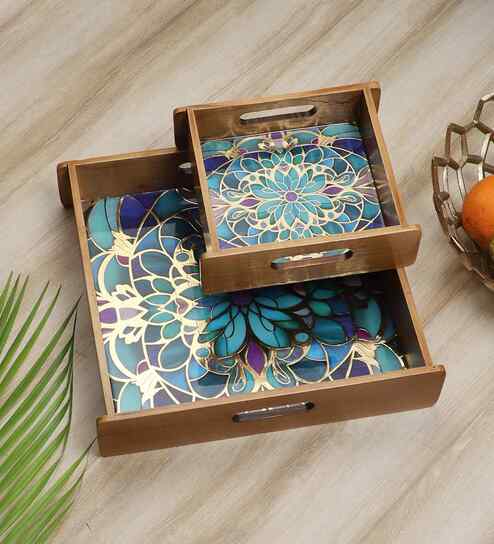 Mystic Mandala Wooden Tray Set   Set of 2