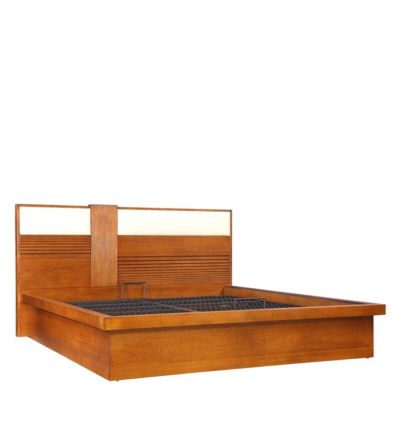 Buy Mystique Solid Wood Queen Size Bed in Walnut Finish with Hydraulic