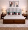 Myra Arcus Queen Size Upholsetered Bed In Mist Grey Colour With Hydraulic Storage