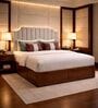 Myra Arcus Queen Size Upholsetered Bed In Mist Grey Colour With Hydraulic Storage