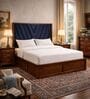 Myra Vertex Queen Size Upholsetered Bed In Royal Blue Colour With Hydraulic Storage