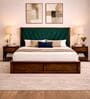 Myra Vertex Queen Size Upholsetered Bed In Teal Green Colour With Hydraulic Storage