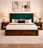 Myra Vertex Queen Size Upholsetered Bed In Teal Green Colour With Box Storage