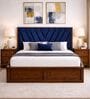 Myra Vertex Queen Size Upholsetered Bed In Royal Blue Colour With Hydraulic Storage