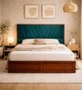 Myra Vertex Queen Size Upholsetered Bed In Teal Green Colour With Box Storage
