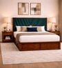 Myra Vertex Queen Size Upholsetered Bed In Teal Green Colour With Hydraulic Storage