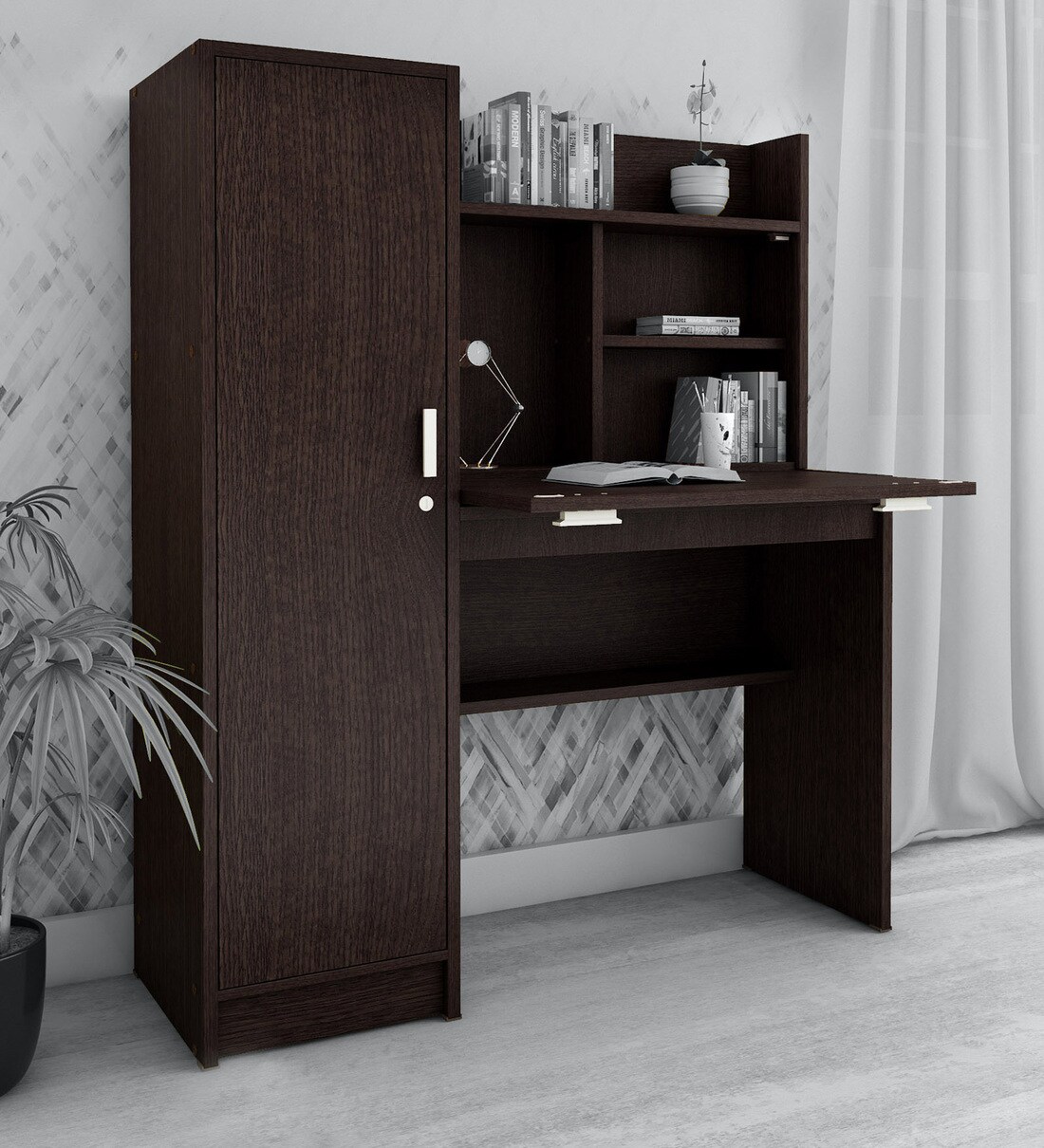 Buy Nakamura Study Table With Hutch Cabinet In Dark Brown Finish By ...