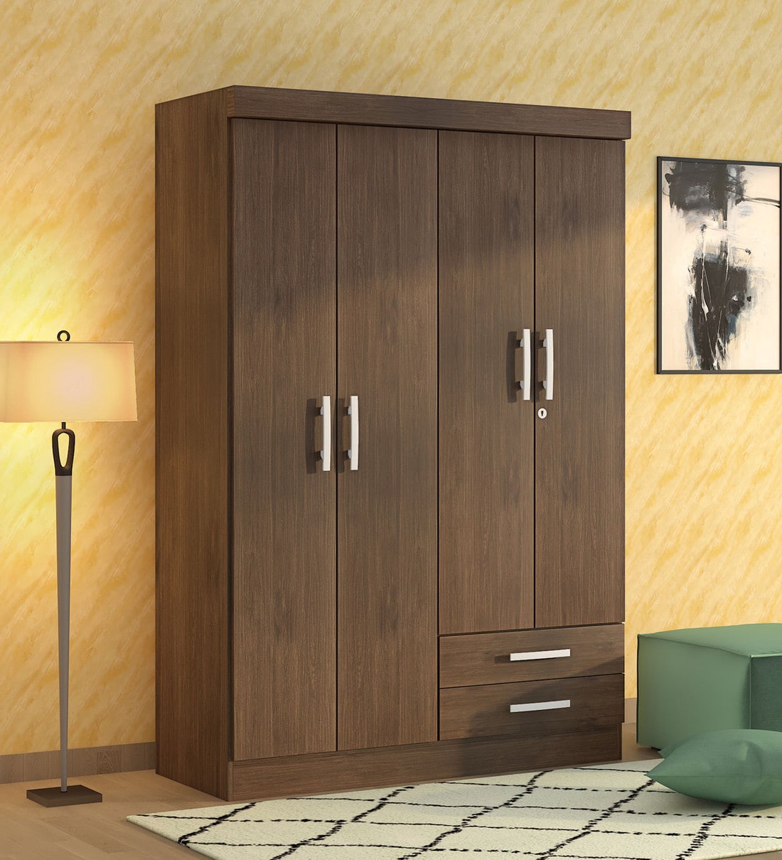 Buy Naotsune 4 Door Wardrobe In Regato Walnut Finish With 2 Drawers By