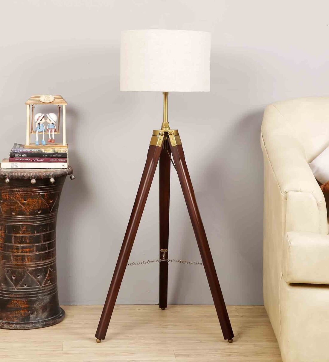 Buy Natural Linen Shade Tripod Floor Lamp With Mango wood Base By