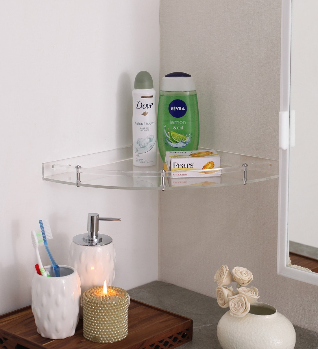 clear bathroom shelves