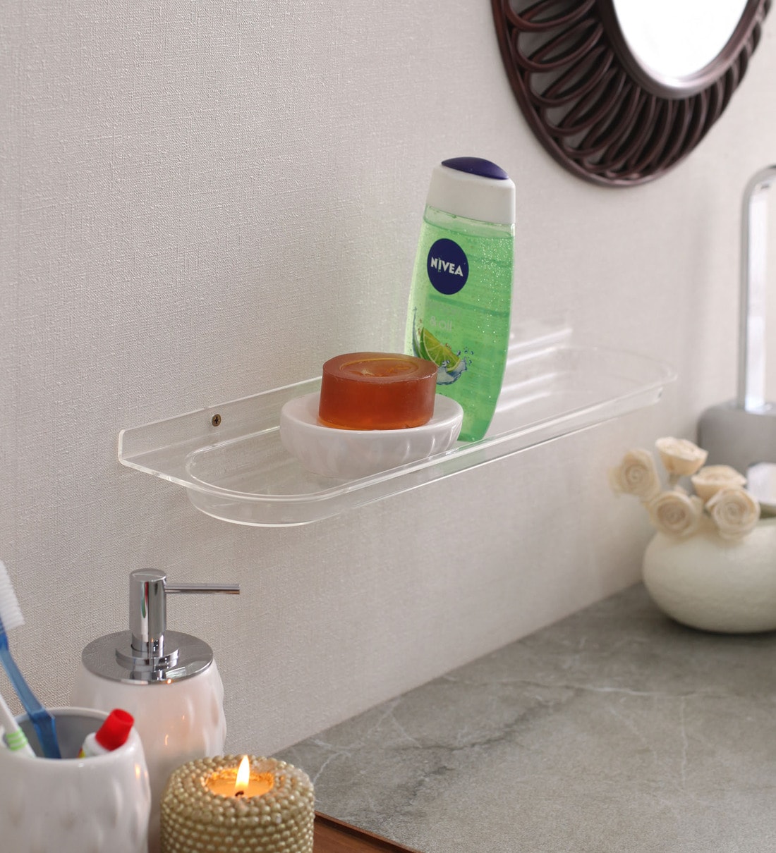 Buy Medium Acrylic Transparent Wall Mounted Bathroom Shelf Online