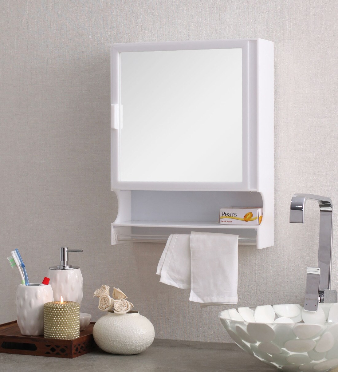 Buy Acrylic White 4 Compartment Bathroom Cabinet With Mirror(L: 14, W ...