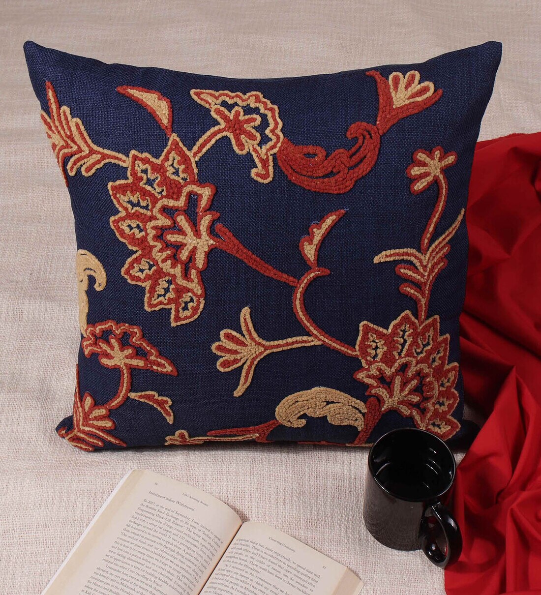Buy Navy Blue Textured Blended Linen 16 x 16 Inch Embroidered Cushion