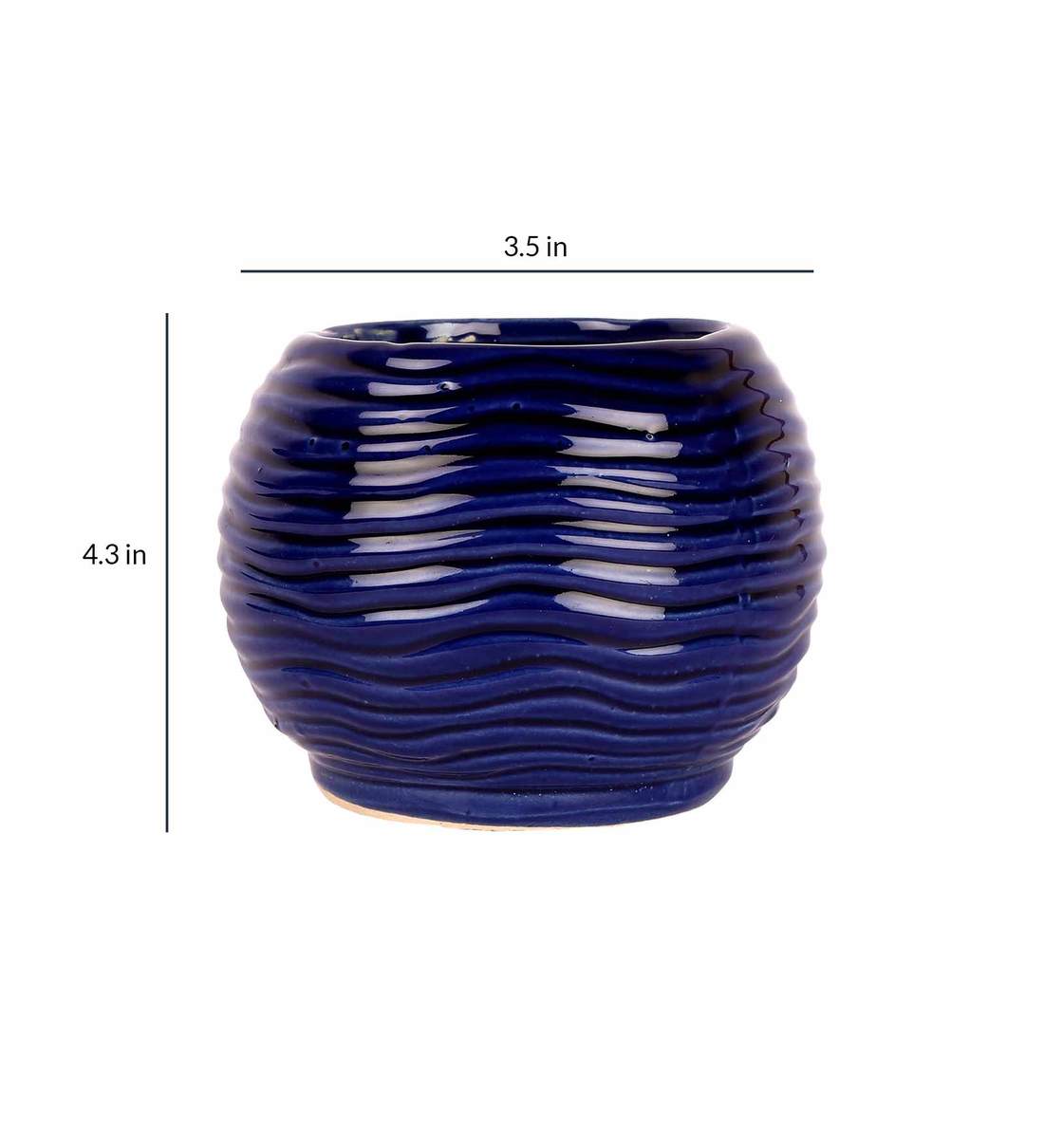 Buy Navy Blue Ceramic Churi Bowl Shape with Curved Lines Small Planter