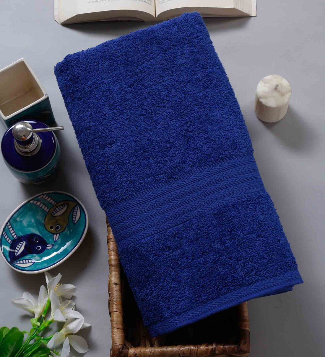 Buy Navy Blue Cotton Solid 450 GSM Bath Towel (Set of 1) by Naksh