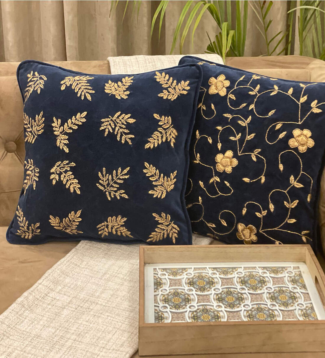 Buy Navy Blue Textured Velvet and Cotton 16 x 16 Inches Cushion Cover