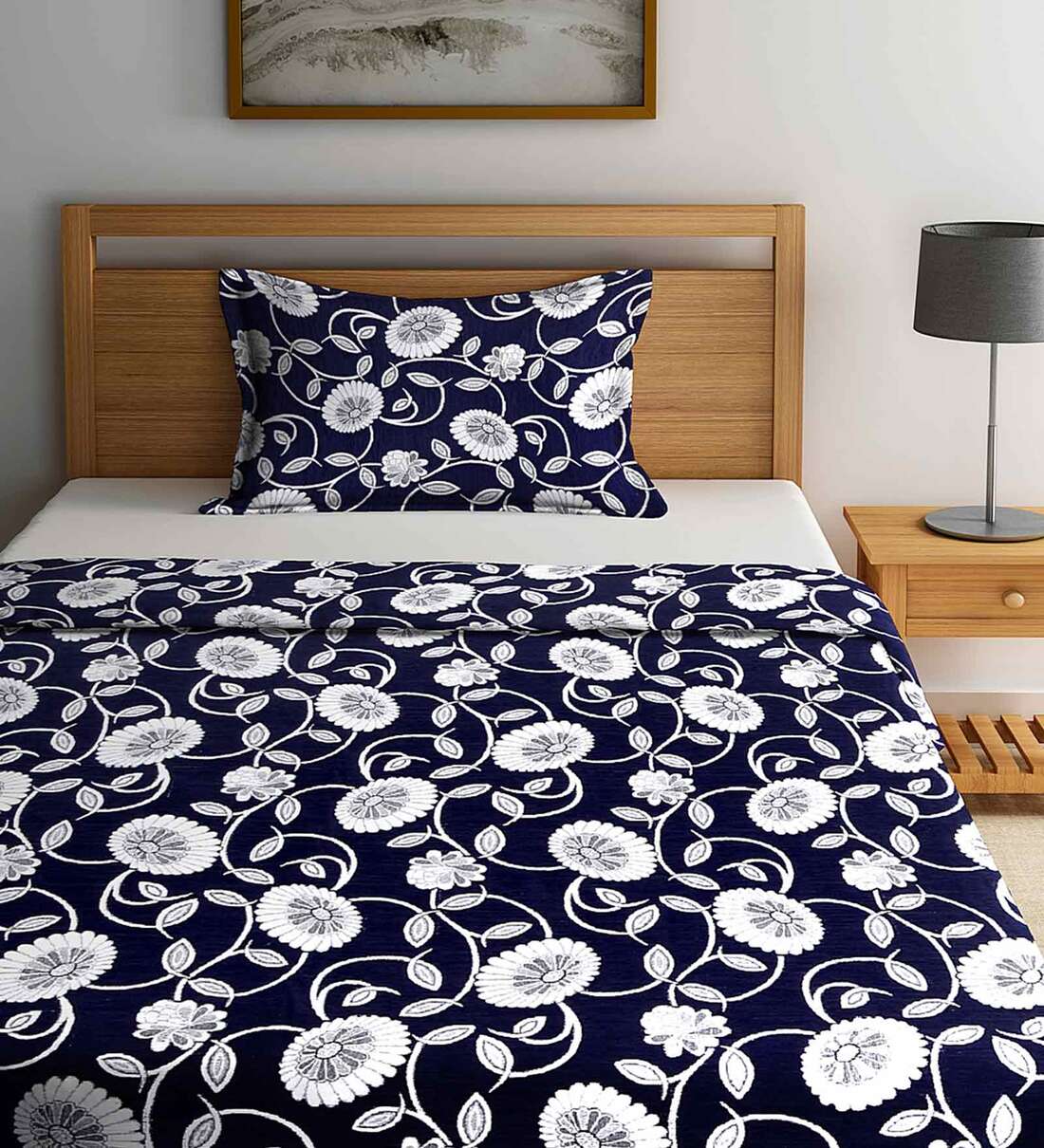 Buy Navy Blue Jackquard Cotton Single Bed cover With Pillow Cover by