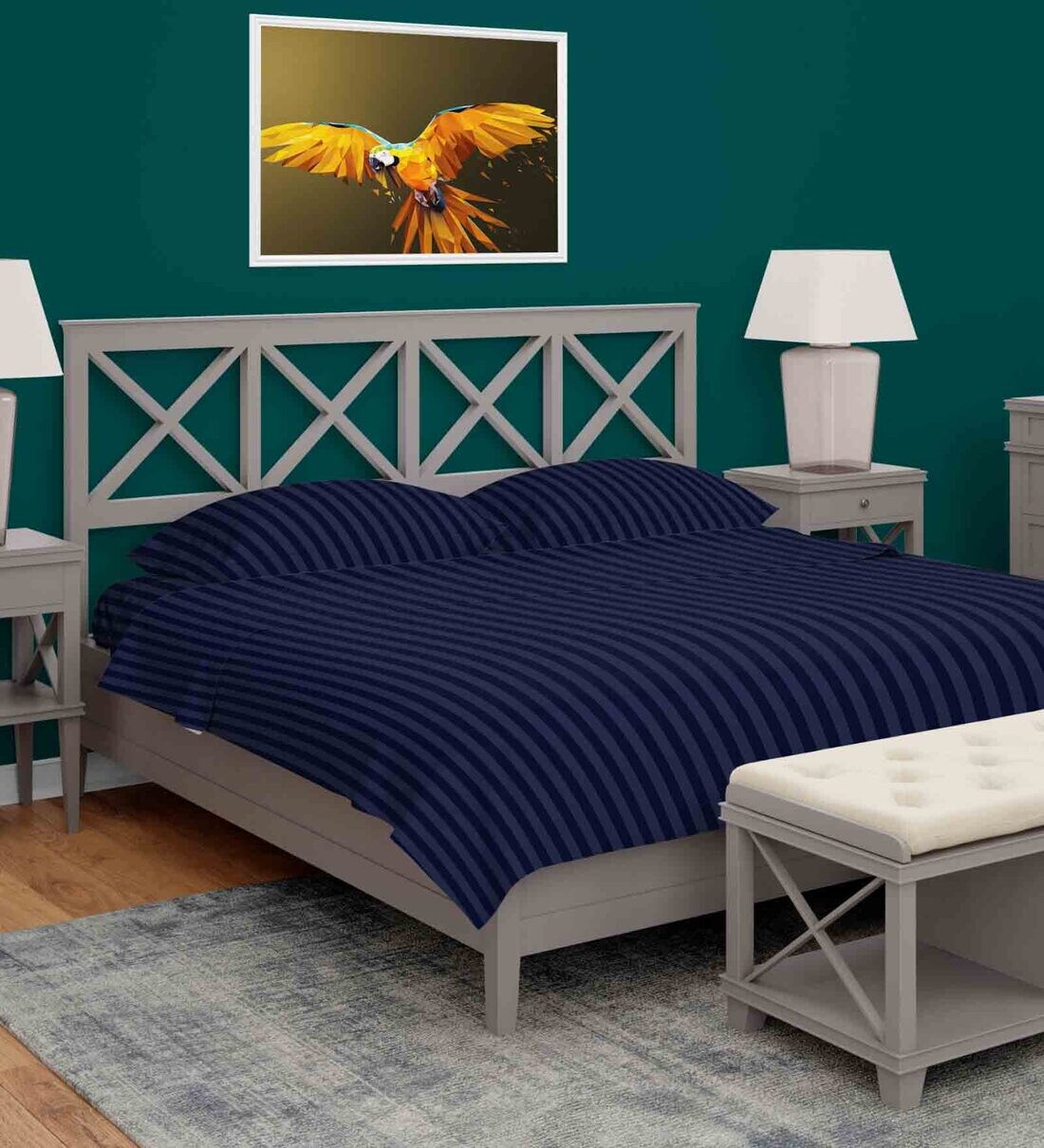 Buy Navy Blue Striped 230 TC Microfibre King Sized Bedsheet with 2