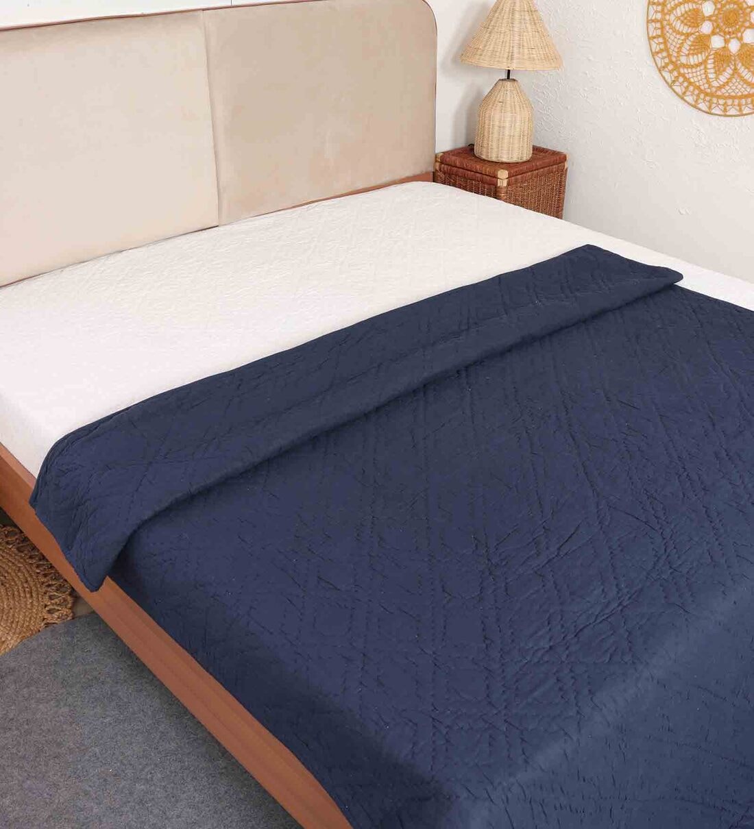 Buy Navy Cotton Geometric 350 GSM Double Bed Quilt with 2 Pillow Covers