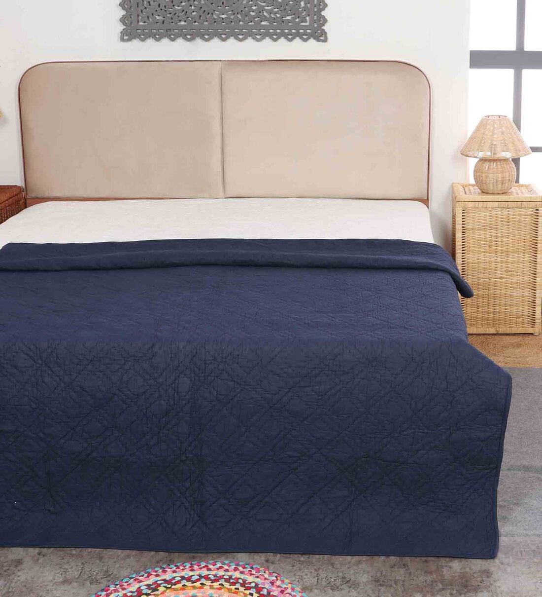 Buy Navy Cotton Geometric 350 GSM Double Bed Quilt with 2 Pillow Covers