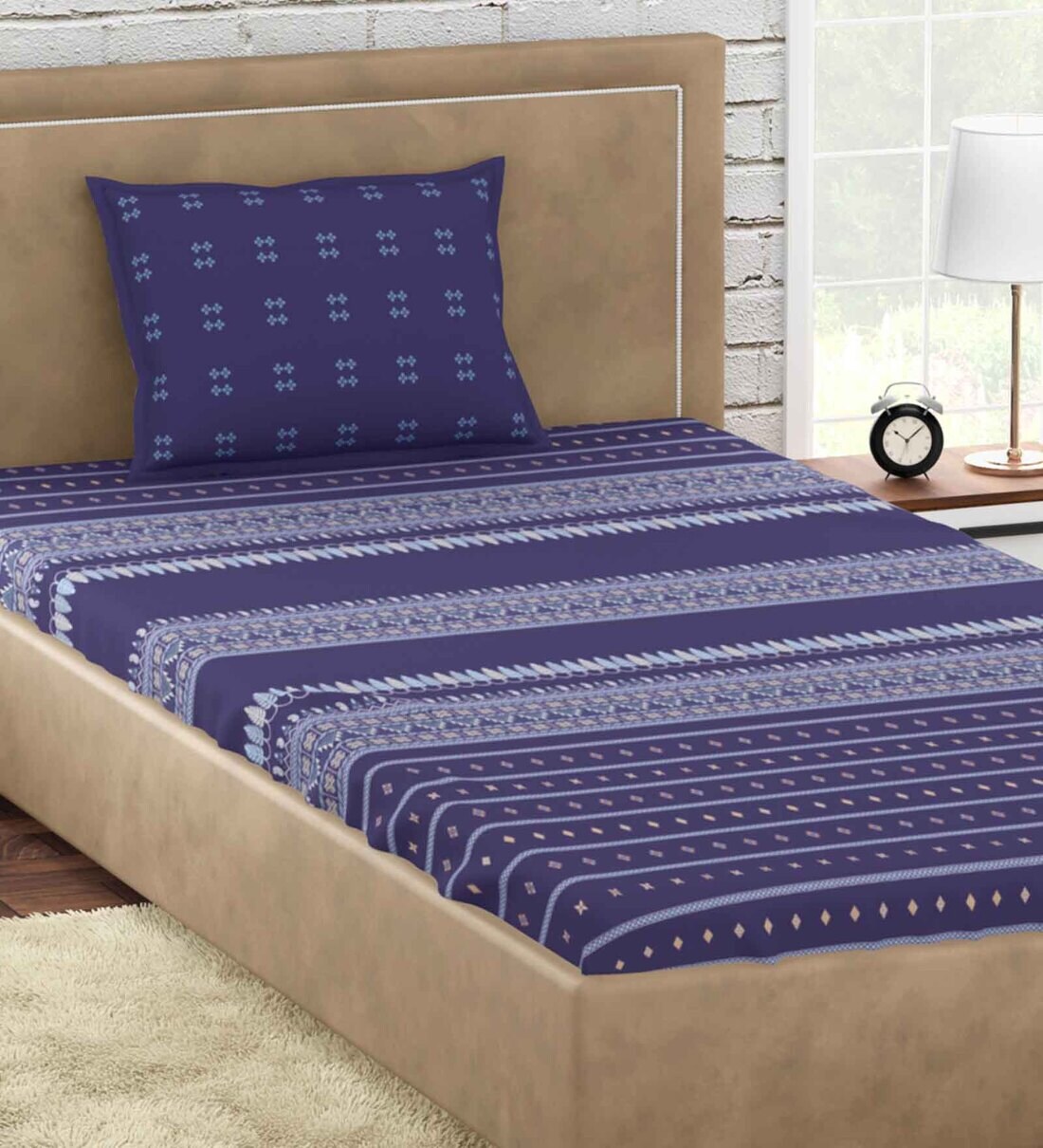 Buy Blue Geometric 300 TC 100 Cotton Single Bed Sized Bed Sheets With
