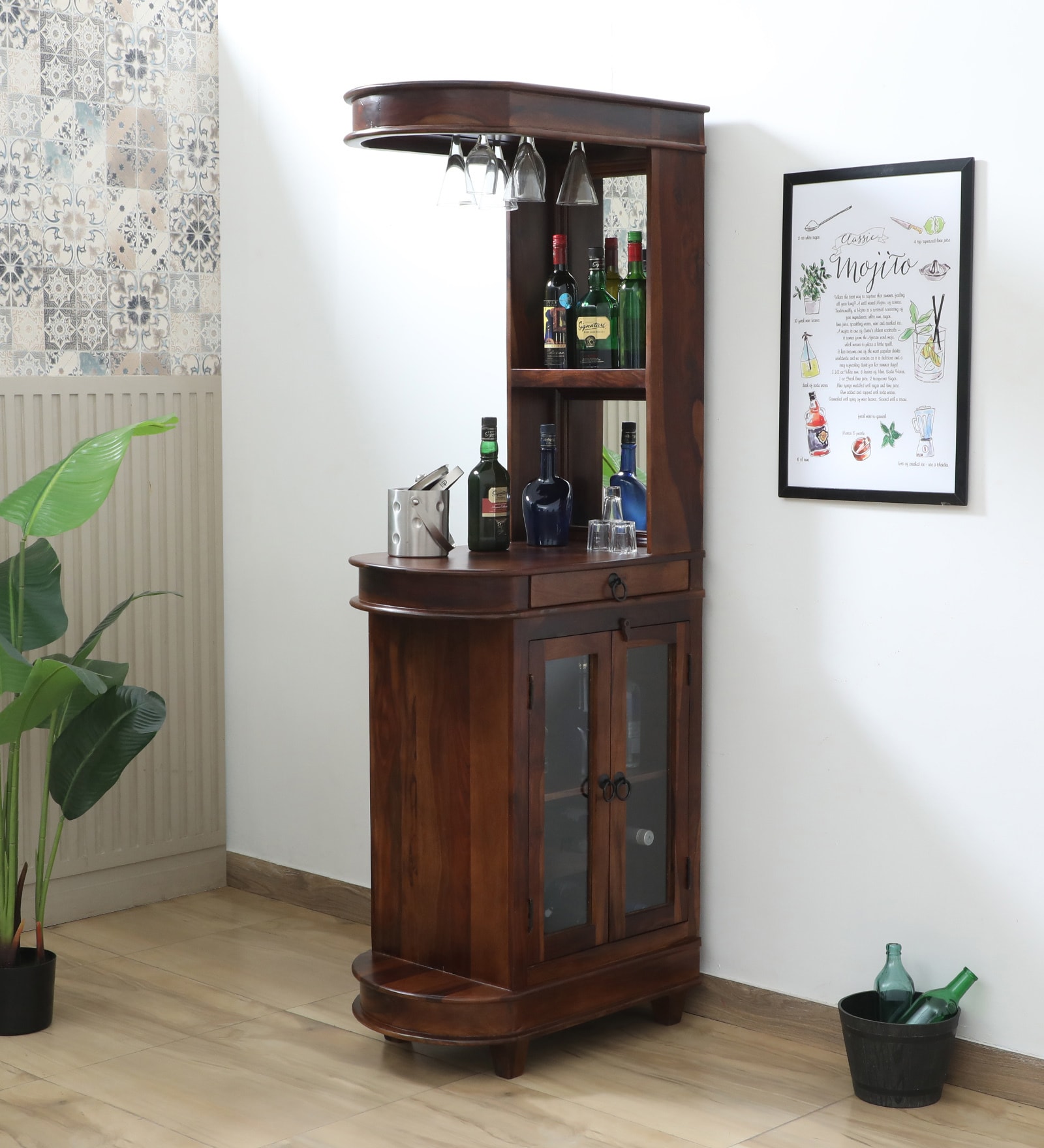 Naagin Sheesham Wood Bar Cabinet in Provincial Teak Finish