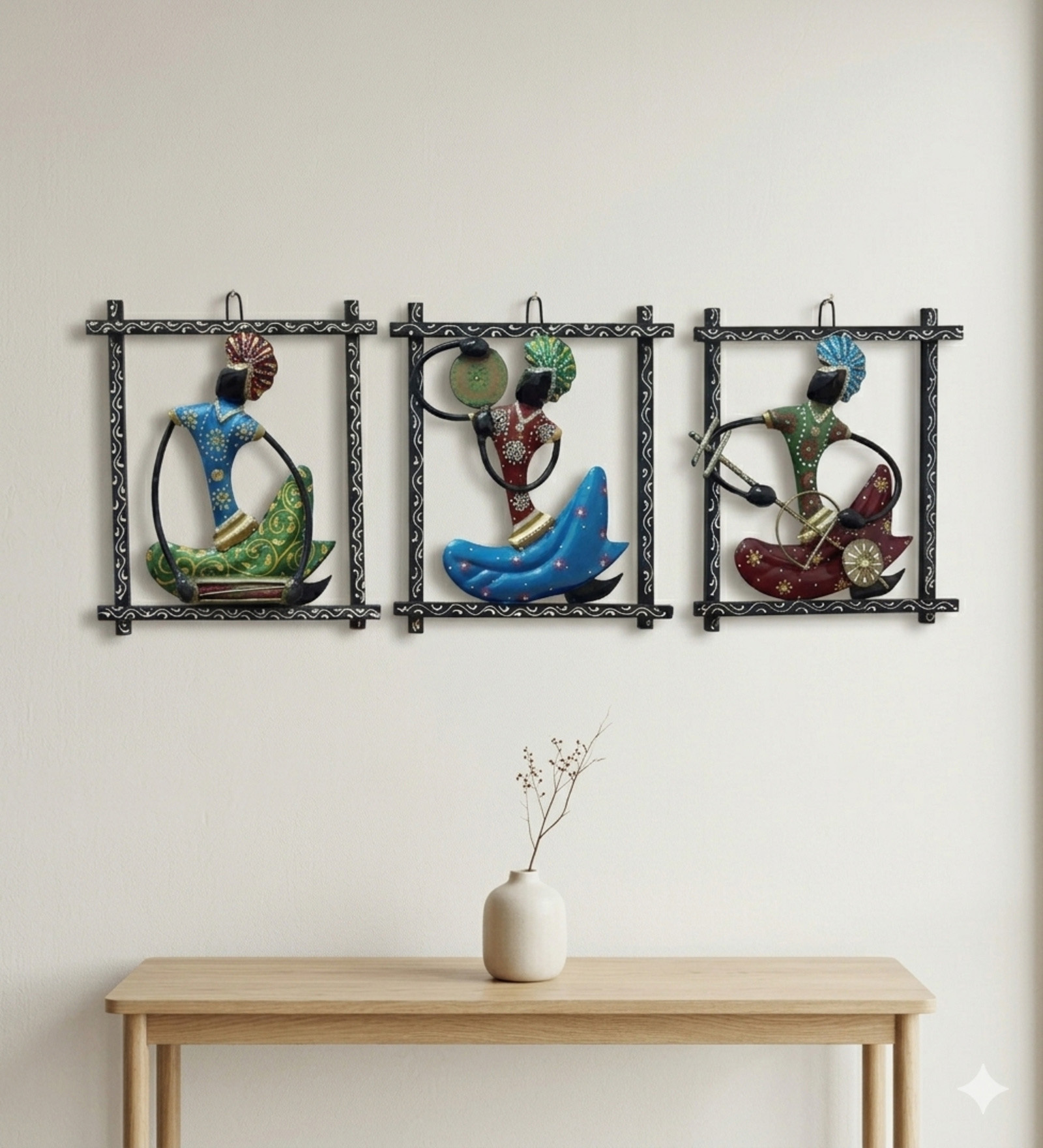 Multicolor Metal Nagpuri Musicians Frame Wall Hanging Set Of 3