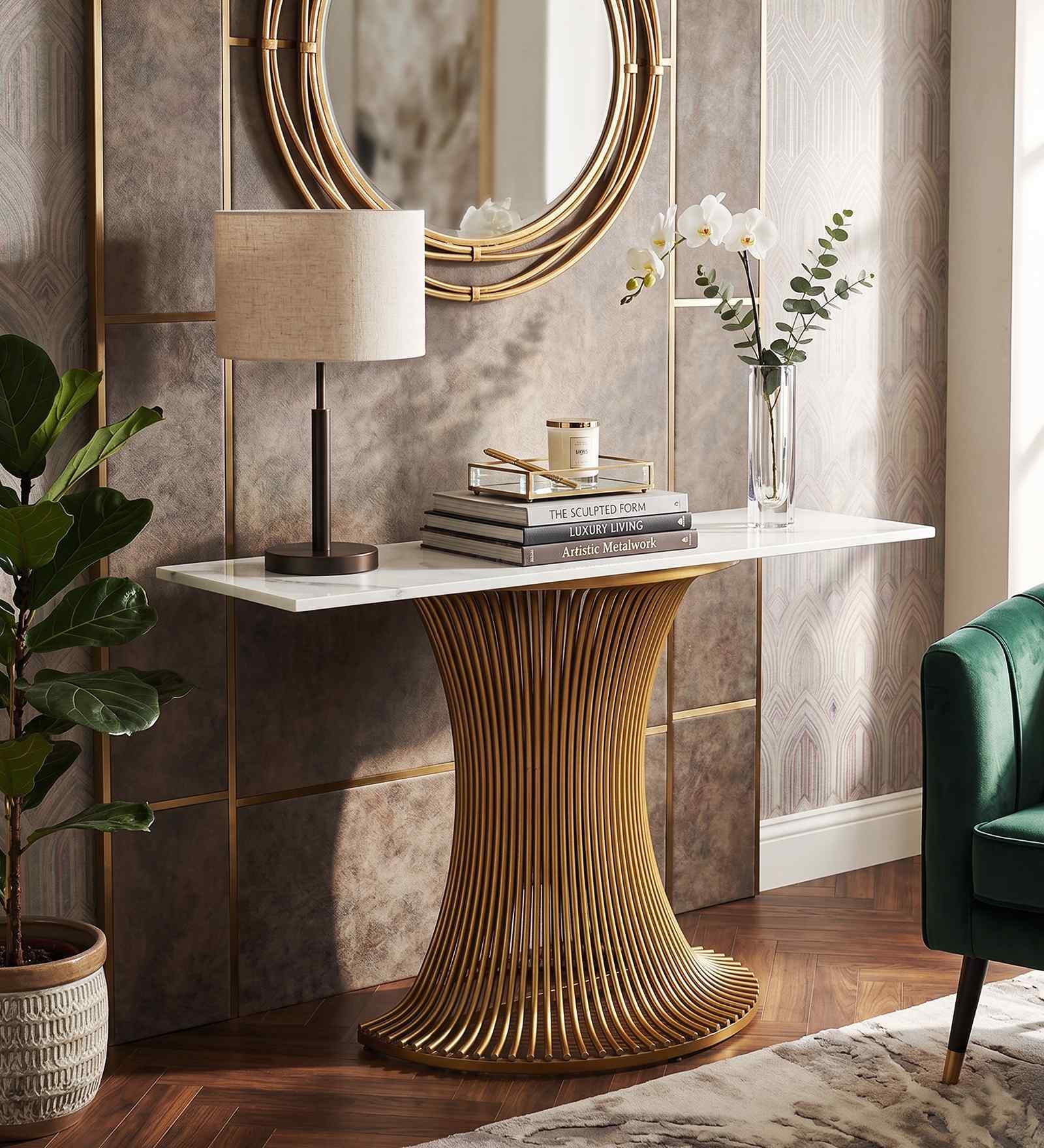 Naldo Metal Console Table In Gold Finish With Porcelain Top
