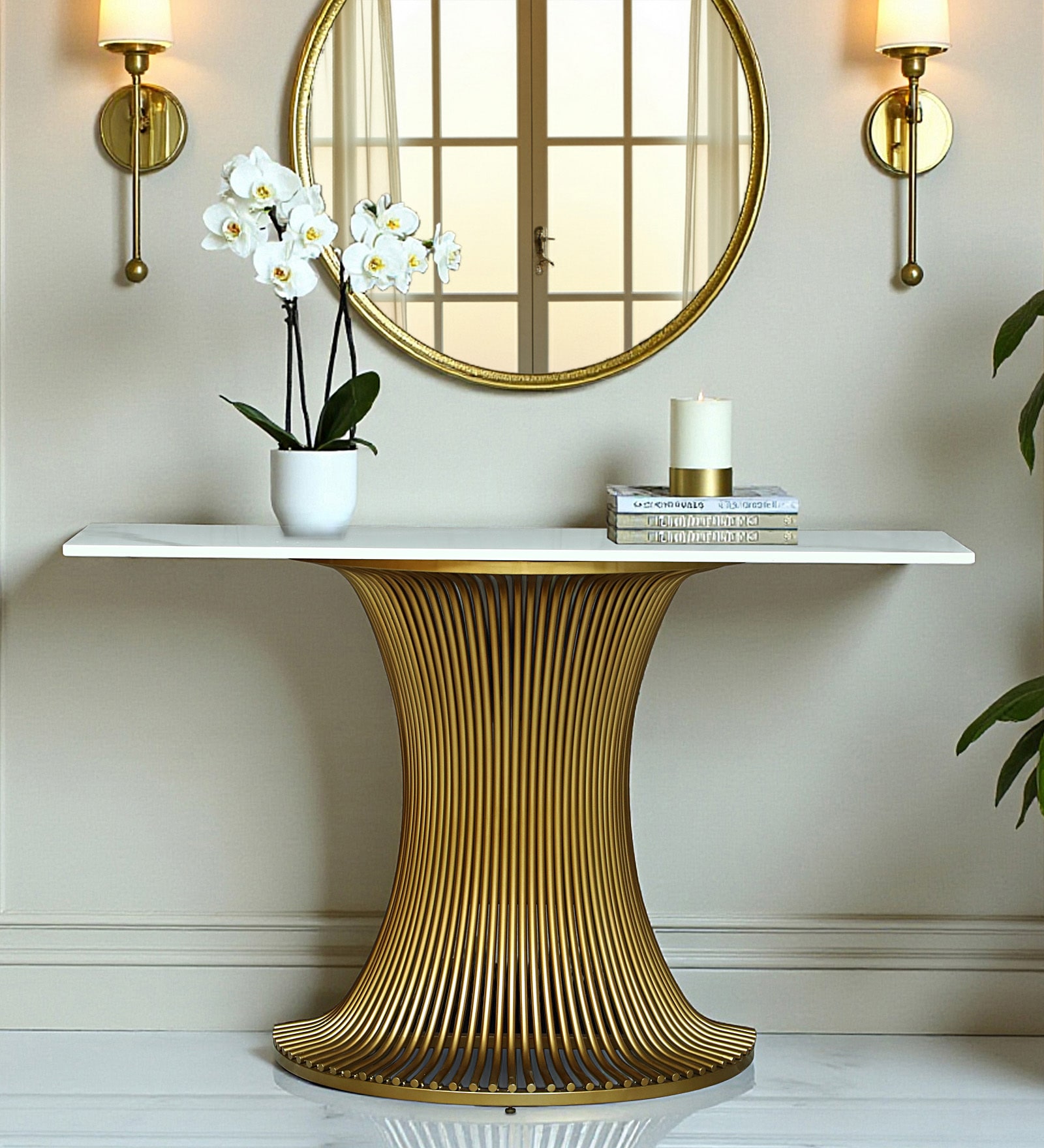 Naldo Metal Console Table In Gold Finish With Porcelain Top Naldo Metal Console Table In Gold Finish With Porcelain Top