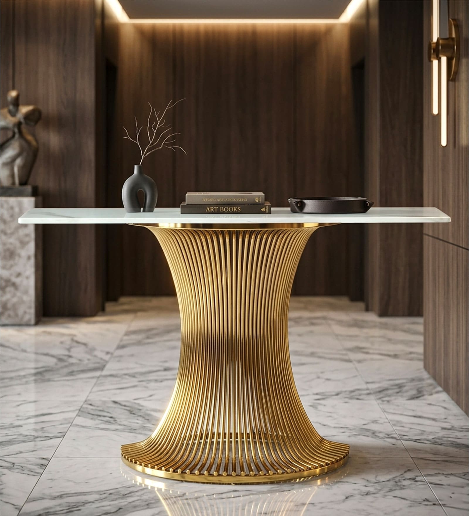 Naldo Metal Console Table In Gold Finish With Porcelain Top