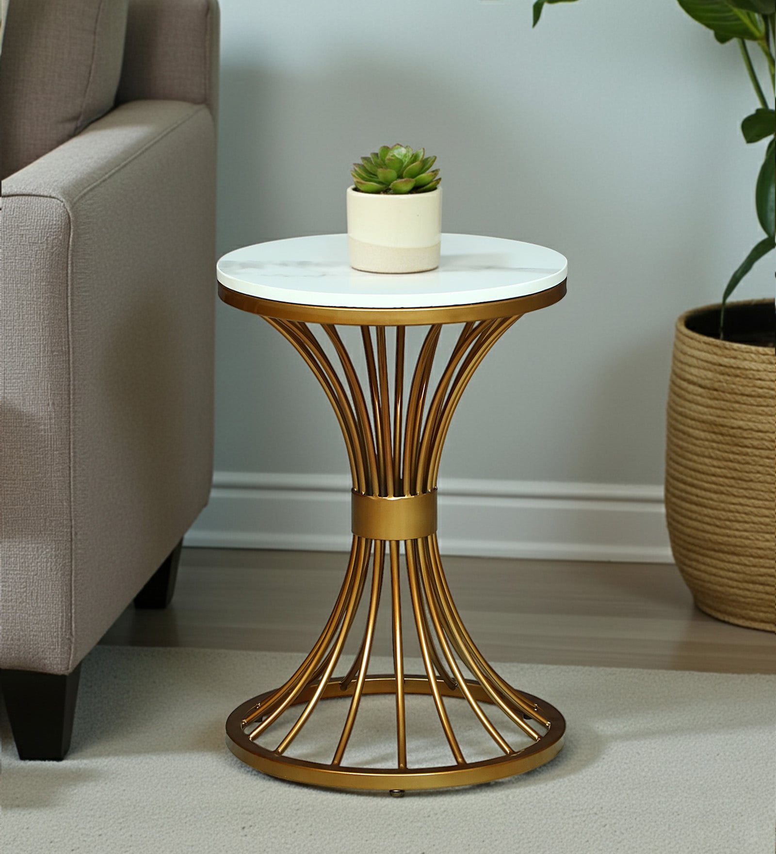 Naldo White Porcelain Top End Table With Gold Finish