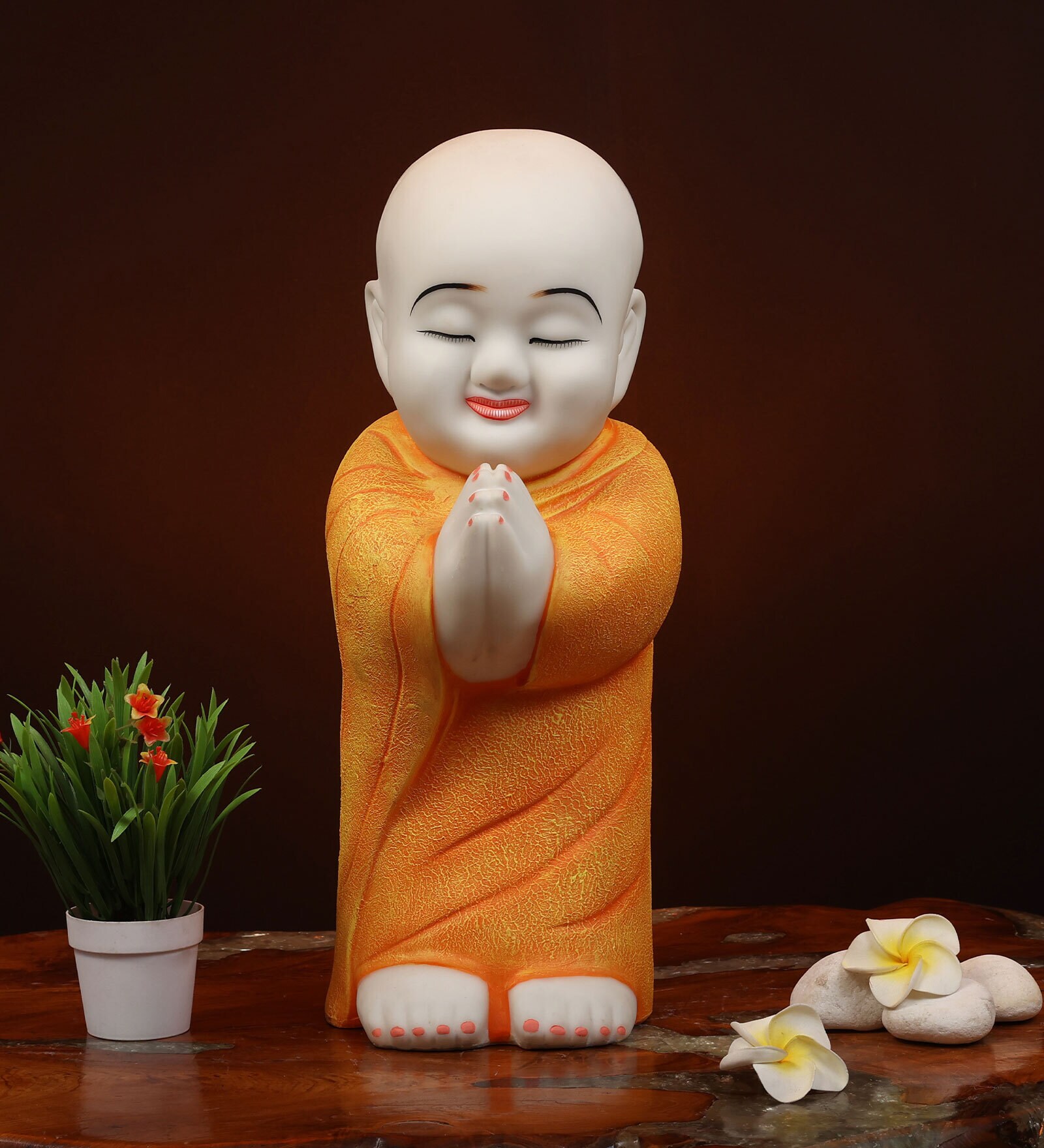 Namaste Monk Marble Orange Religious Idol