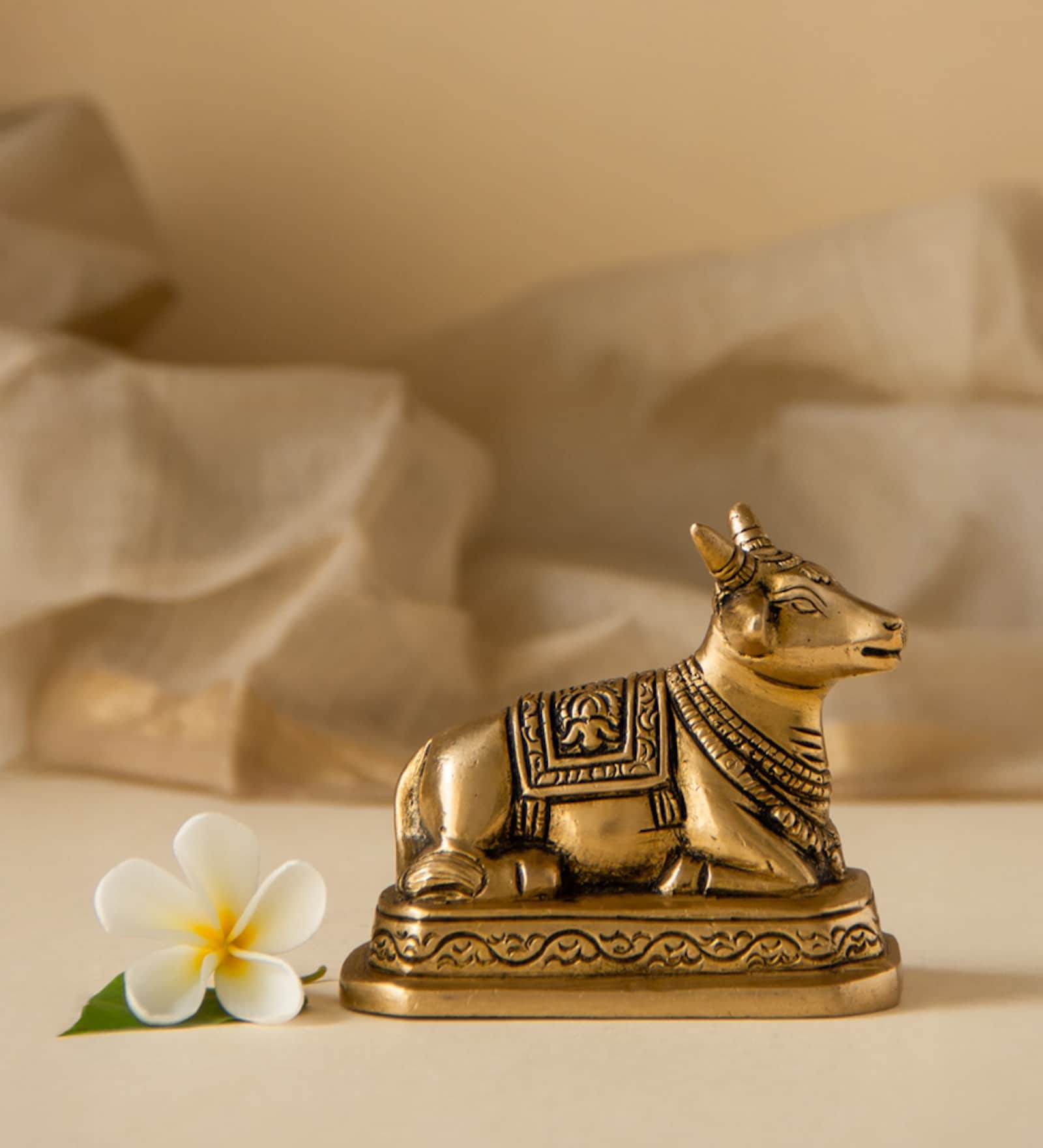 Nandi Sitting on Base  Brass Small Idol Gold Finish